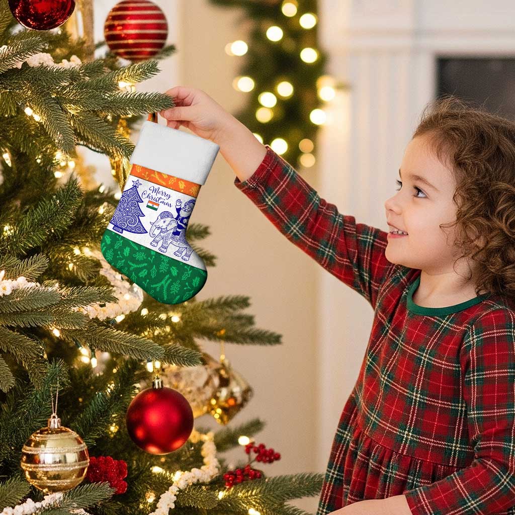 India Christmas Stocking with Elephant Santa Tree Design and Tricolor Holiday Pattern - Wonder Print Shop