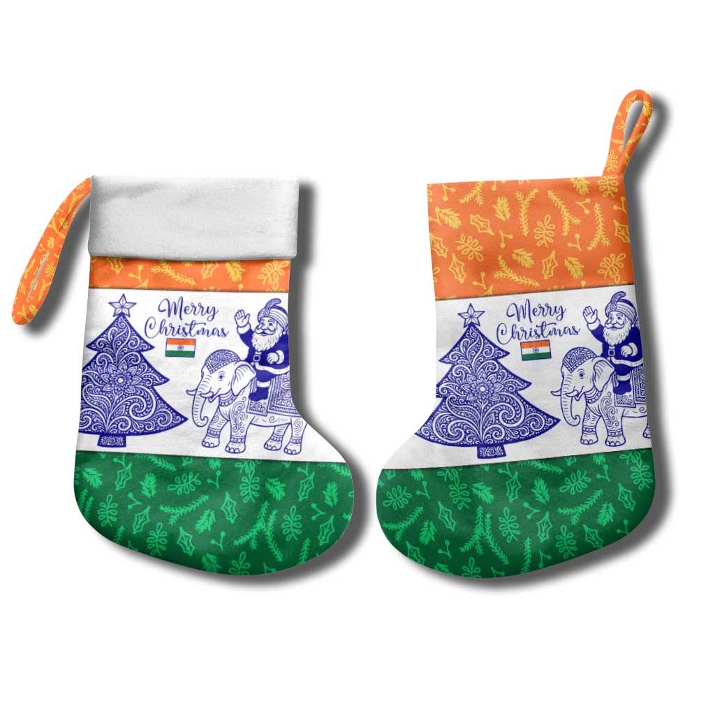India Christmas Stocking with Elephant Santa Tree Design and Tricolor Holiday Pattern - Wonder Print Shop