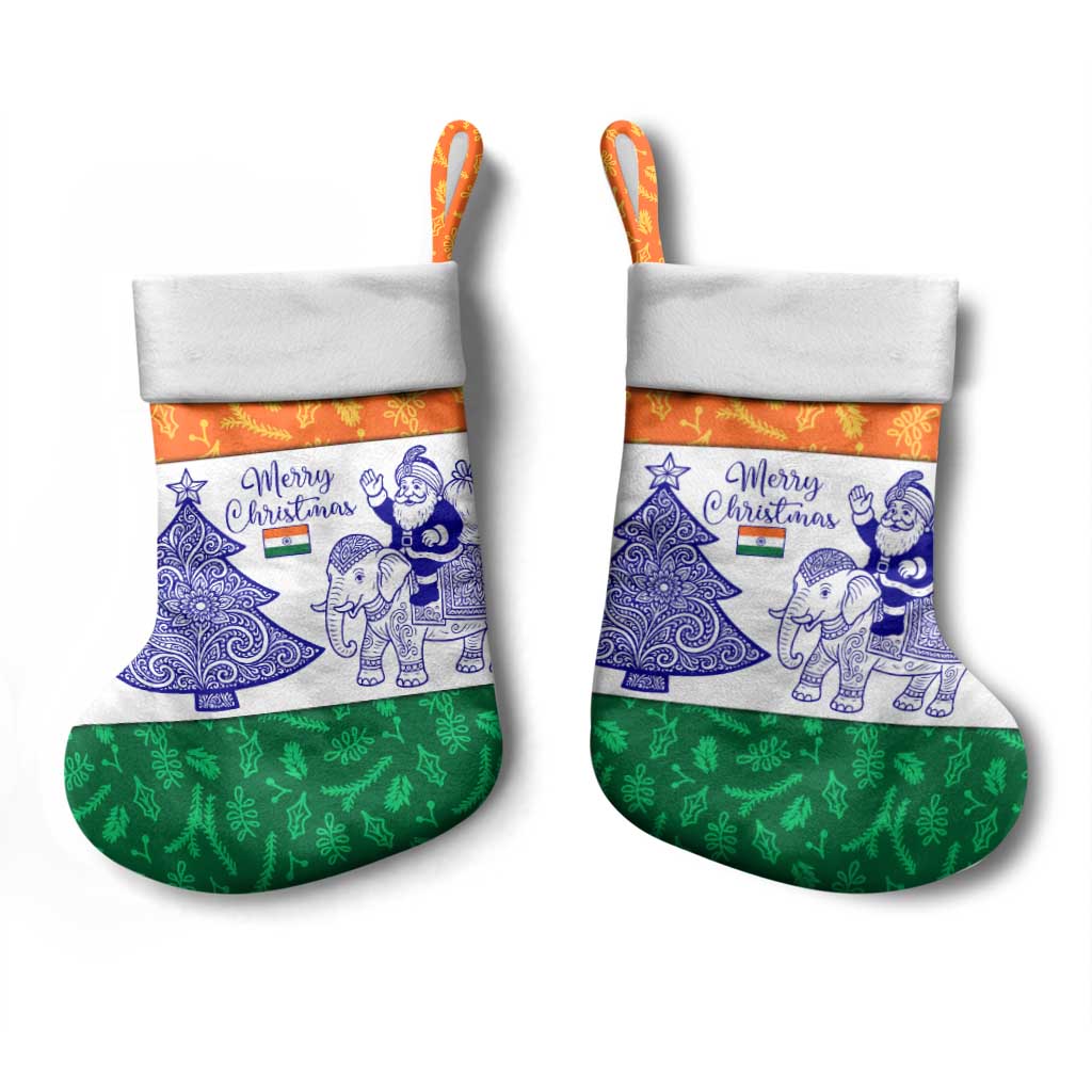 India Christmas Stocking with Elephant Santa Tree Design and Tricolor Holiday Pattern - Wonder Print Shop