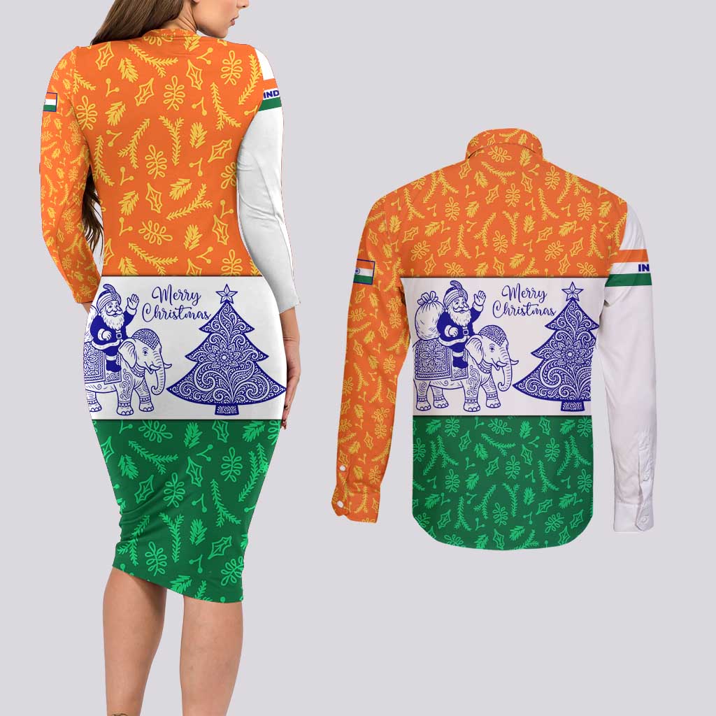 India Christmas Couples Matching Long Sleeve Bodycon Dress and Long Sleeve Button Shirt with Elephant Santa Tree Design and Tricolor Holiday Pattern - Wonder Print Shop