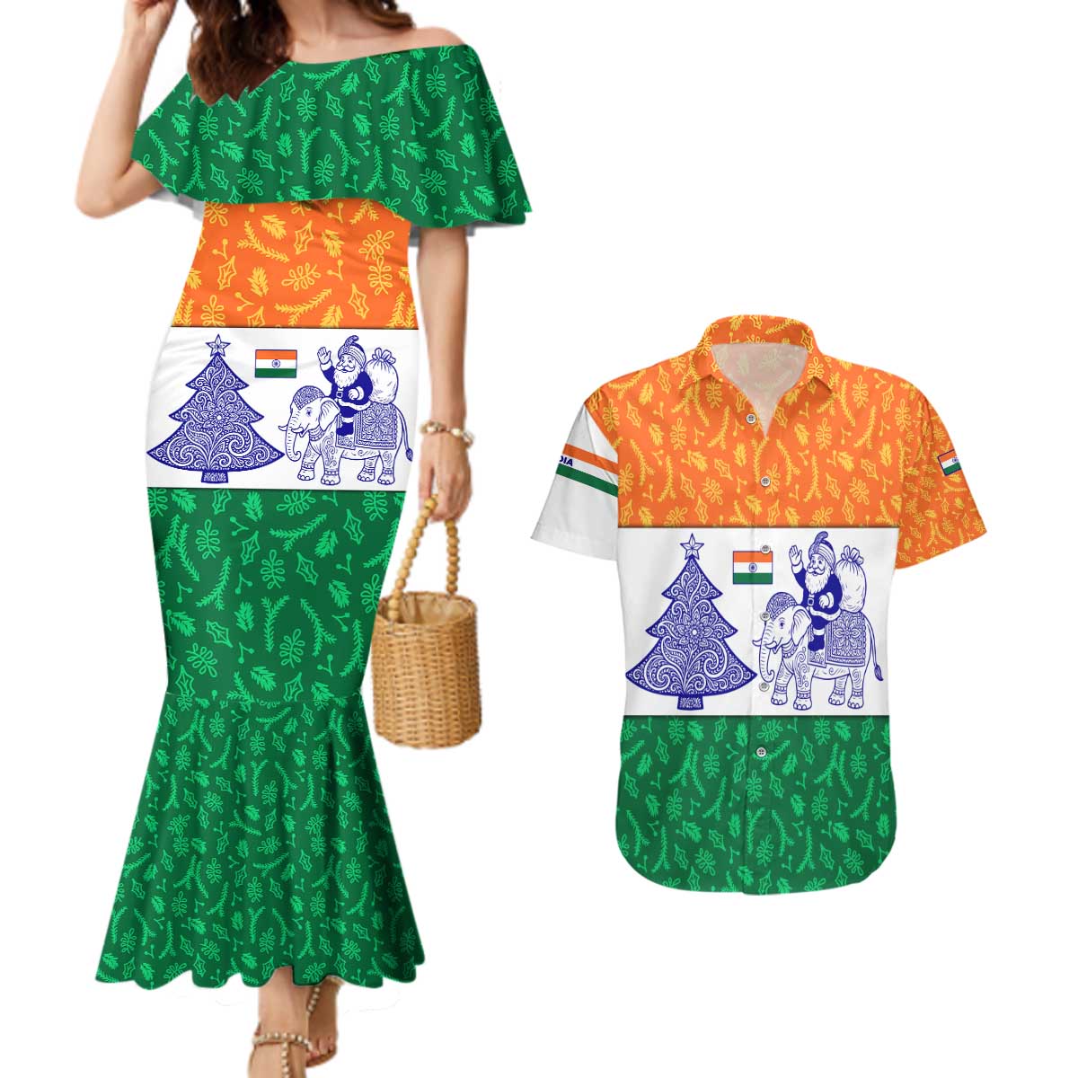 India Christmas Couples Matching Mermaid Dress and Hawaiian Shirt with Elephant Santa Tree Design and Tricolor Holiday Pattern - Wonder Print Shop