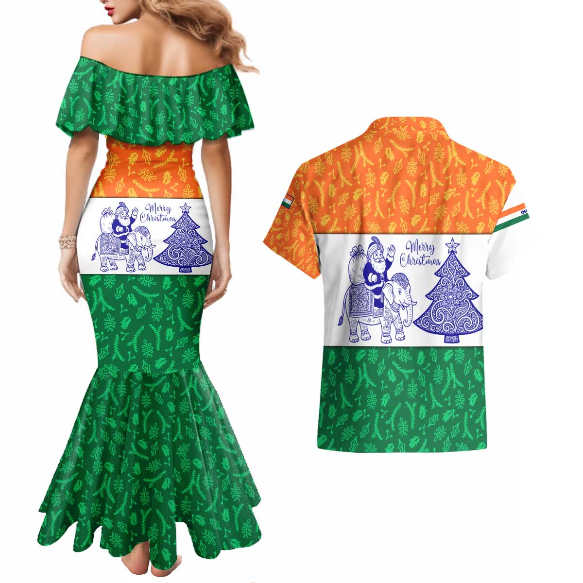 India Christmas Couples Matching Mermaid Dress and Hawaiian Shirt with Elephant Santa Tree Design and Tricolor Holiday Pattern - Wonder Print Shop