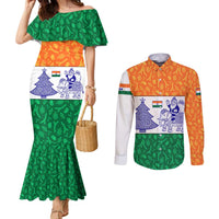 India Christmas Couples Matching Mermaid Dress and Long Sleeve Button Shirt with Elephant Santa Tree Design and Tricolor Holiday Pattern - Wonder Print Shop