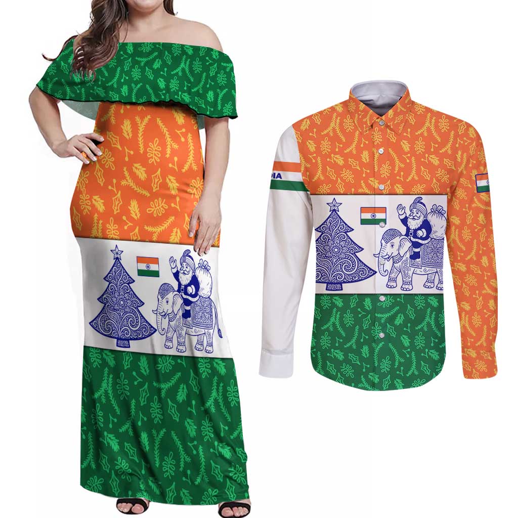 India Christmas Couples Matching Off Shoulder Maxi Dress and Long Sleeve Button Shirt with Elephant Santa Tree Design and Tricolor Holiday Pattern - Wonder Print Shop