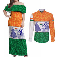 India Christmas Couples Matching Off Shoulder Maxi Dress and Long Sleeve Button Shirt with Elephant Santa Tree Design and Tricolor Holiday Pattern - Wonder Print Shop