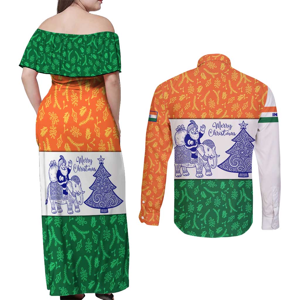 India Christmas Couples Matching Off Shoulder Maxi Dress and Long Sleeve Button Shirt with Elephant Santa Tree Design and Tricolor Holiday Pattern - Wonder Print Shop