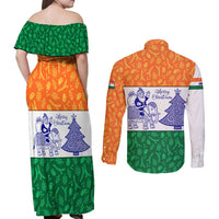 India Christmas Couples Matching Off Shoulder Maxi Dress and Long Sleeve Button Shirt with Elephant Santa Tree Design and Tricolor Holiday Pattern - Wonder Print Shop