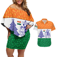 India Christmas Couples Matching Off Shoulder Short Dress and Hawaiian Shirt with Elephant Santa Tree Design and Tricolor Holiday Pattern - Wonder Print Shop