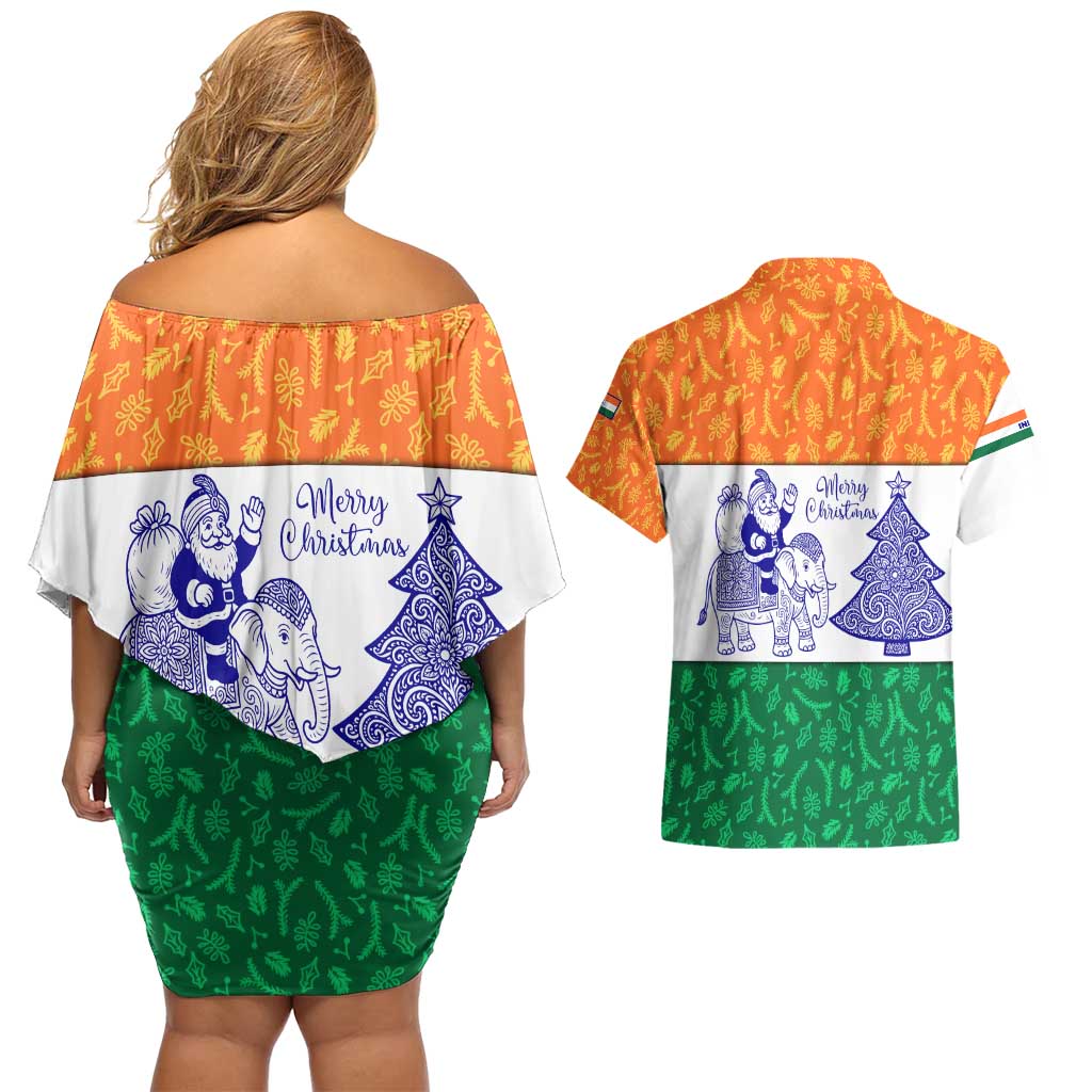 India Christmas Couples Matching Off Shoulder Short Dress and Hawaiian Shirt with Elephant Santa Tree Design and Tricolor Holiday Pattern - Wonder Print Shop