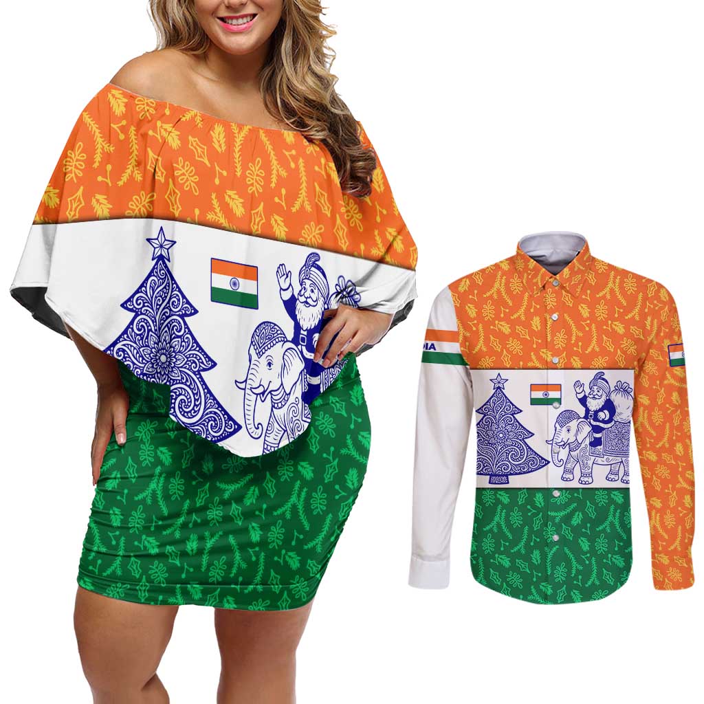 India Christmas Couples Matching Off Shoulder Short Dress and Long Sleeve Button Shirt with Elephant Santa Tree Design and Tricolor Holiday Pattern - Wonder Print Shop