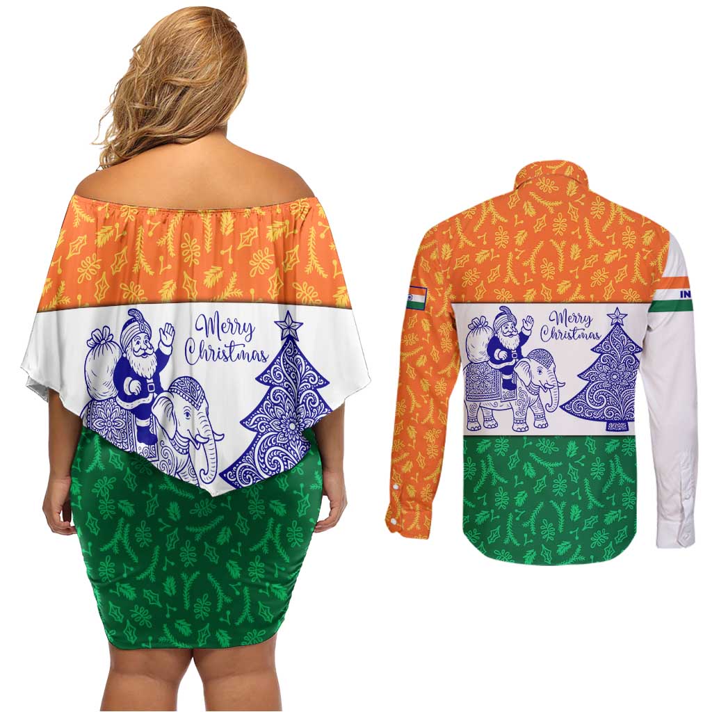 India Christmas Couples Matching Off Shoulder Short Dress and Long Sleeve Button Shirt with Elephant Santa Tree Design and Tricolor Holiday Pattern - Wonder Print Shop