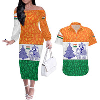 India Christmas Couples Matching Off The Shoulder Long Sleeve Dress and Hawaiian Shirt with Elephant Santa Tree Design and Tricolor Holiday Pattern - Wonder Print Shop