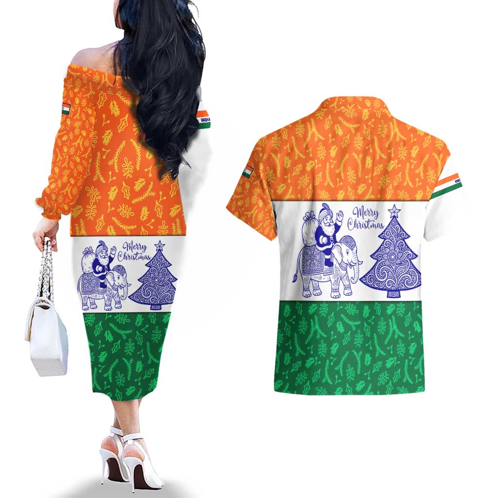 India Christmas Couples Matching Off The Shoulder Long Sleeve Dress and Hawaiian Shirt with Elephant Santa Tree Design and Tricolor Holiday Pattern - Wonder Print Shop