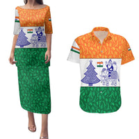 India Christmas Couples Matching Puletasi and Hawaiian Shirt with Elephant Santa Tree Design and Tricolor Holiday Pattern - Wonder Print Shop
