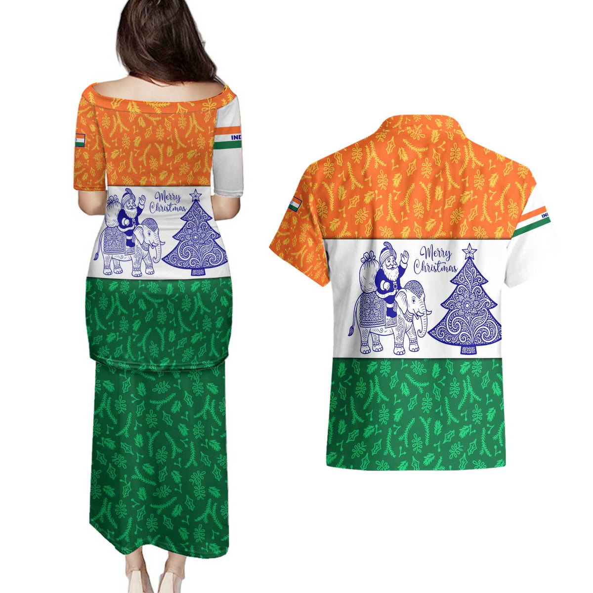 India Christmas Couples Matching Puletasi and Hawaiian Shirt with Elephant Santa Tree Design and Tricolor Holiday Pattern - Wonder Print Shop