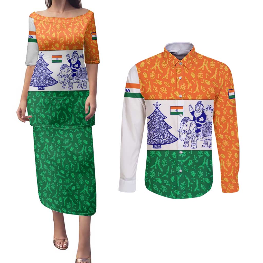 India Christmas Couples Matching Puletasi and Long Sleeve Button Shirt with Elephant Santa Tree Design and Tricolor Holiday Pattern - Wonder Print Shop