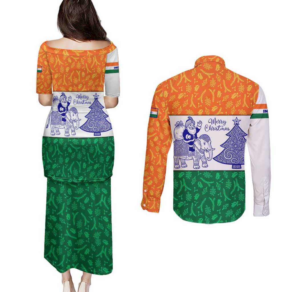 India Christmas Couples Matching Puletasi and Long Sleeve Button Shirt with Elephant Santa Tree Design and Tricolor Holiday Pattern - Wonder Print Shop