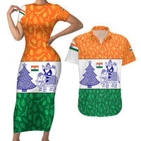 India Christmas Couples Matching Short Sleeve Bodycon Dress and Hawaiian Shirt with Elephant Santa Tree Design and Tricolor Holiday Pattern - Wonder Print Shop