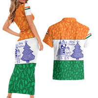 India Christmas Couples Matching Short Sleeve Bodycon Dress and Hawaiian Shirt with Elephant Santa Tree Design and Tricolor Holiday Pattern - Wonder Print Shop