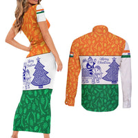 India Christmas Couples Matching Short Sleeve Bodycon Dress and Long Sleeve Button Shirt with Elephant Santa Tree Design and Tricolor Holiday Pattern - Wonder Print Shop