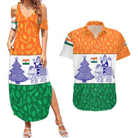 India Christmas Couples Matching Summer Maxi Dress and Hawaiian Shirt with Elephant Santa Tree Design and Tricolor Holiday Pattern - Wonder Print Shop