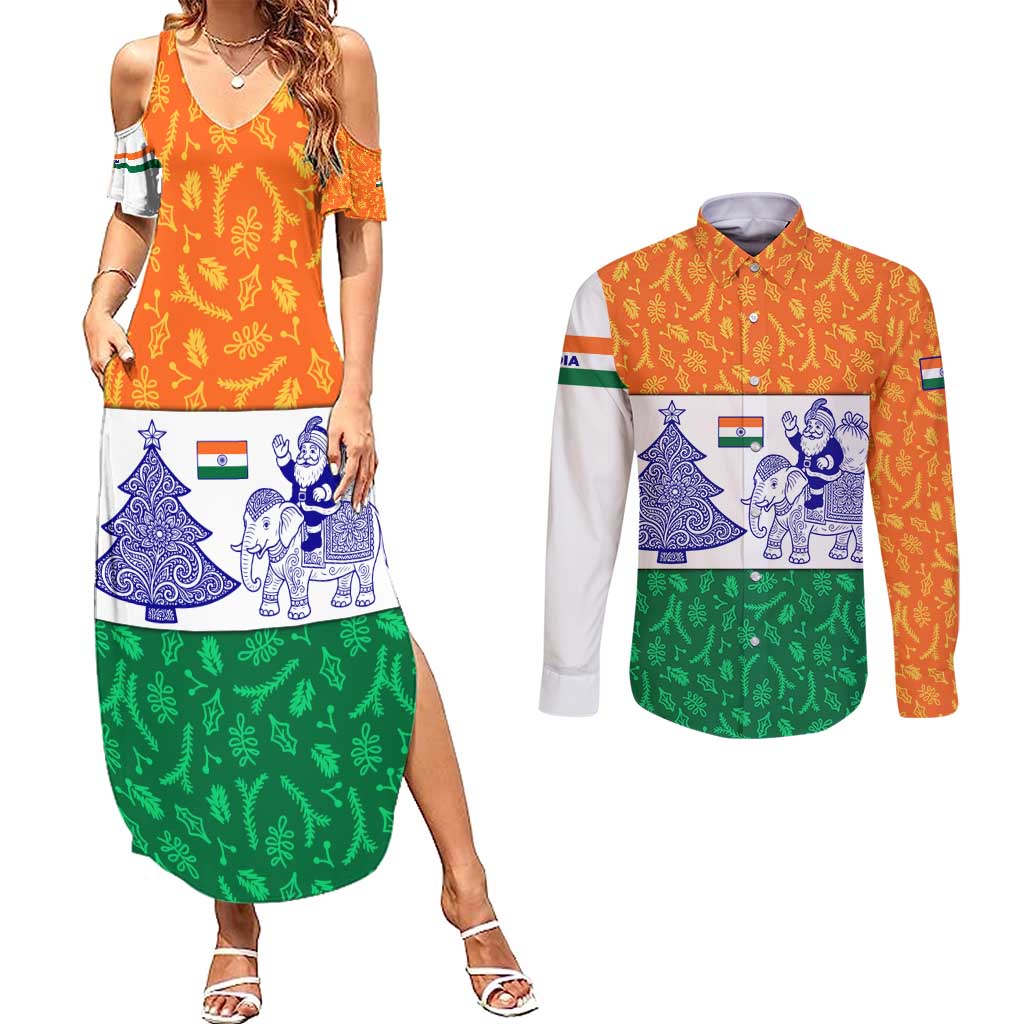 India Christmas Couples Matching Summer Maxi Dress and Long Sleeve Button Shirt with Elephant Santa Tree Design and Tricolor Holiday Pattern - Wonder Print Shop