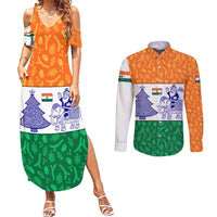 India Christmas Couples Matching Summer Maxi Dress and Long Sleeve Button Shirt with Elephant Santa Tree Design and Tricolor Holiday Pattern - Wonder Print Shop