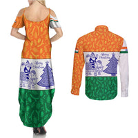 India Christmas Couples Matching Summer Maxi Dress and Long Sleeve Button Shirt with Elephant Santa Tree Design and Tricolor Holiday Pattern - Wonder Print Shop