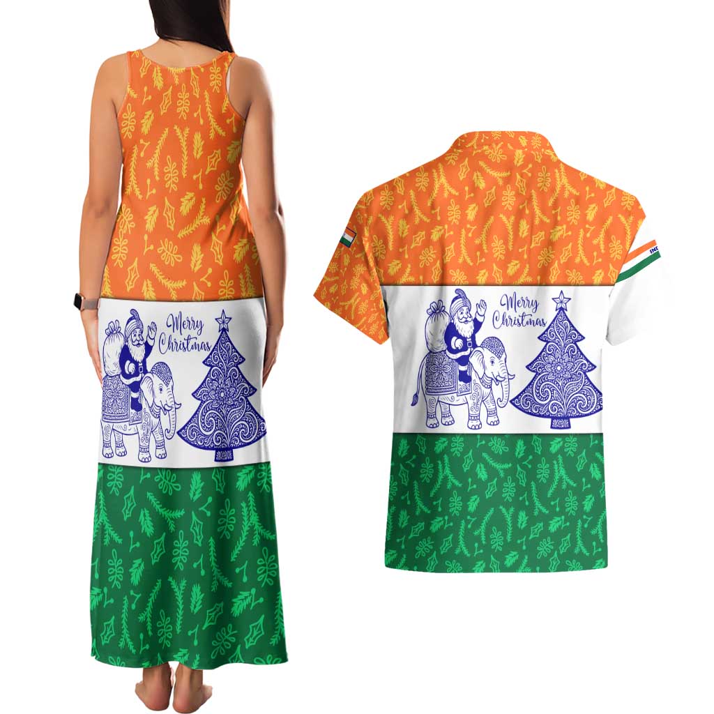 India Christmas Couples Matching Tank Maxi Dress and Hawaiian Shirt with Elephant Santa Tree Design and Tricolor Holiday Pattern - Wonder Print Shop