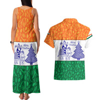 India Christmas Couples Matching Tank Maxi Dress and Hawaiian Shirt with Elephant Santa Tree Design and Tricolor Holiday Pattern - Wonder Print Shop