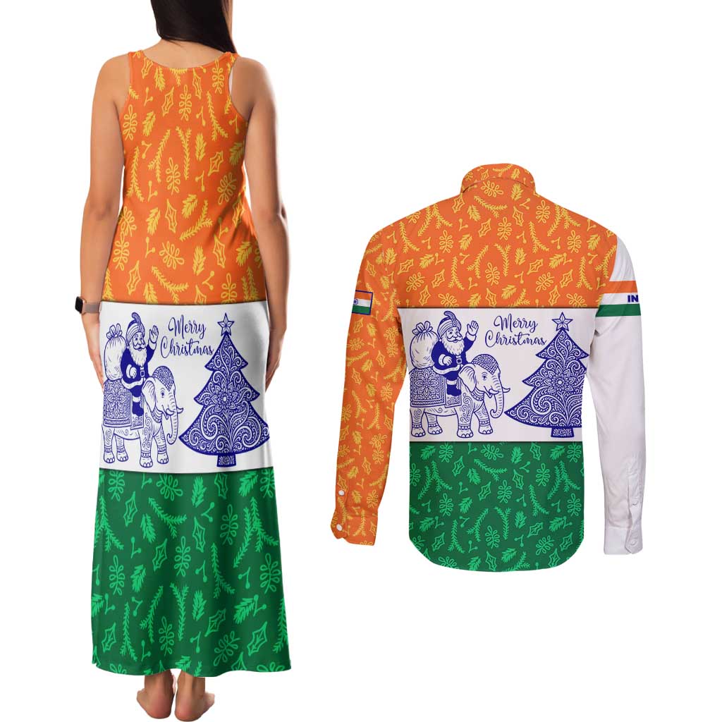 India Christmas Couples Matching Tank Maxi Dress and Long Sleeve Button Shirt with Elephant Santa Tree Design and Tricolor Holiday Pattern - Wonder Print Shop