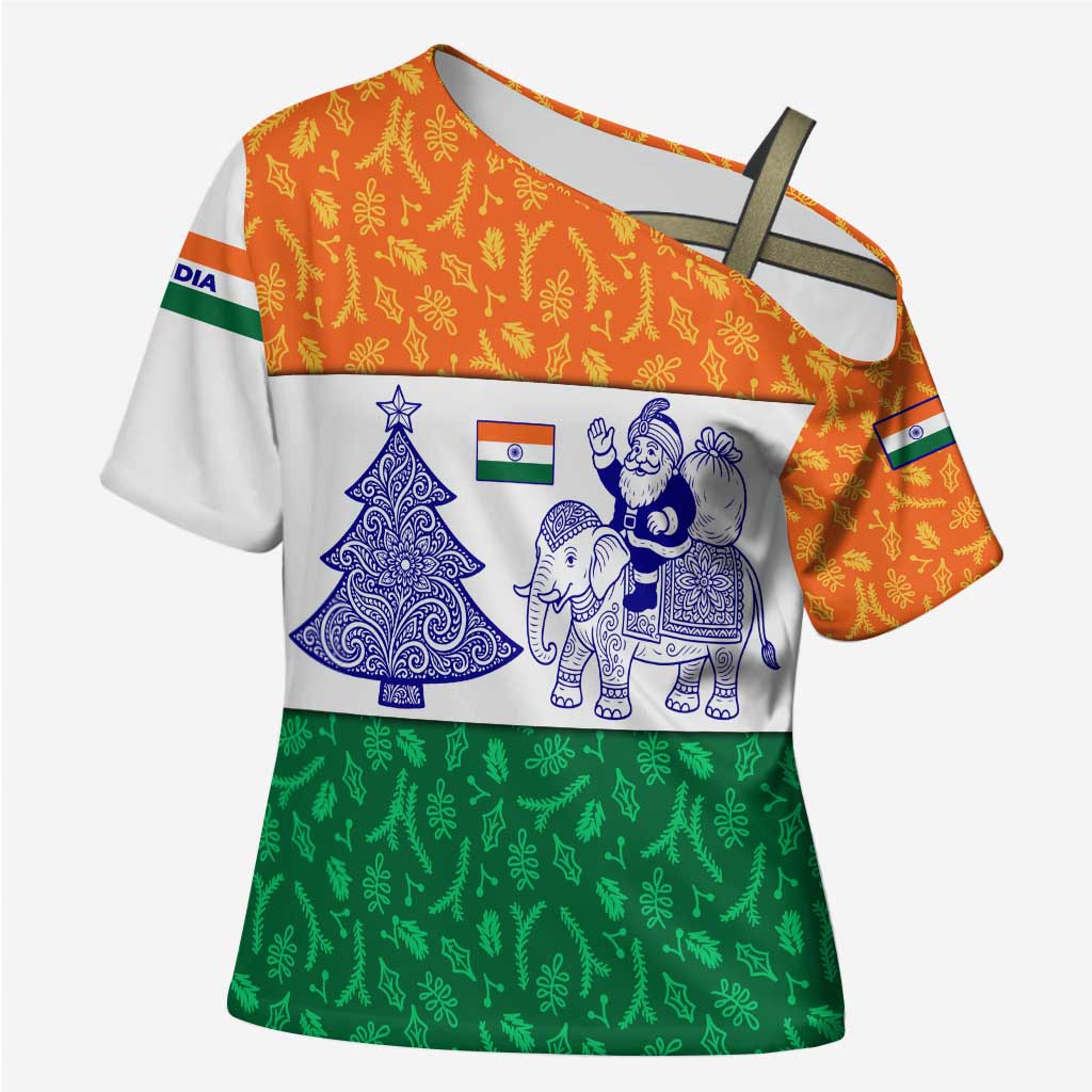 India Christmas Cross Shoulder Shirt with Elephant Santa Tree Design and Tricolor Holiday Pattern - Wonder Print Shop