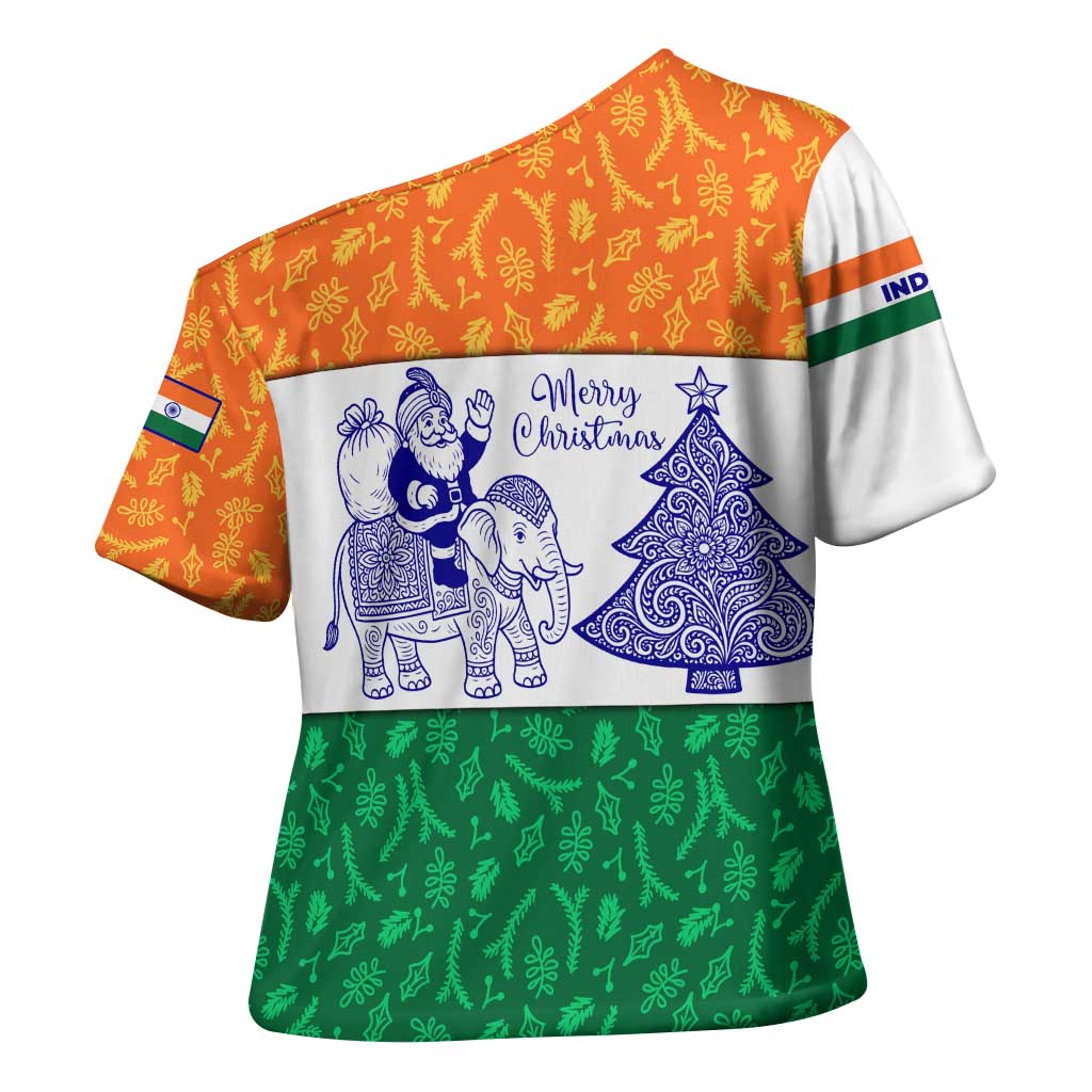 India Christmas Cross Shoulder Shirt with Elephant Santa Tree Design and Tricolor Holiday Pattern - Wonder Print Shop