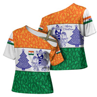 India Christmas Cross Shoulder Shirt with Elephant Santa Tree Design and Tricolor Holiday Pattern - Wonder Print Shop