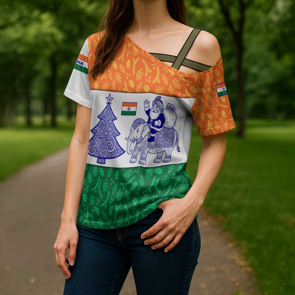 India Christmas Cross Shoulder Shirt with Elephant Santa Tree Design and Tricolor Holiday Pattern - Wonder Print Shop