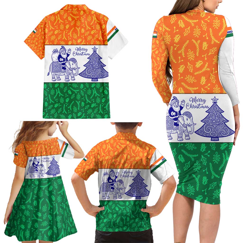 India Christmas Family Matching Long Sleeve Bodycon Dress and Hawaiian Shirt with Elephant Santa Tree Design and Tricolor Holiday Pattern - Wonder Print Shop