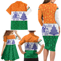 India Christmas Family Matching Long Sleeve Bodycon Dress and Hawaiian Shirt with Elephant Santa Tree Design and Tricolor Holiday Pattern - Wonder Print Shop