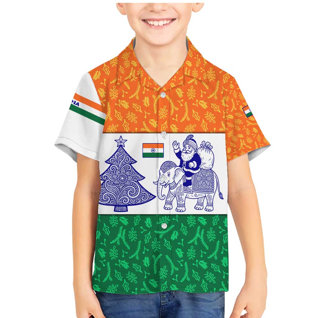 India Christmas Family Matching Mermaid Dress and Hawaiian Shirt with Elephant Santa Tree Design and Tricolor Holiday Pattern - Wonder Print Shop