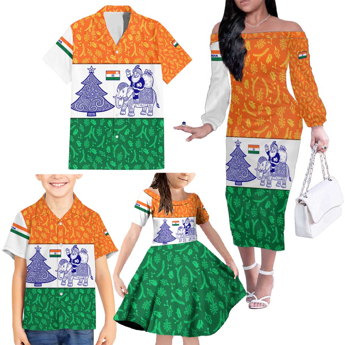 India Christmas Family Matching Off The Shoulder Long Sleeve Dress and Hawaiian Shirt with Elephant Santa Tree Design and Tricolor Holiday Pattern - Wonder Print Shop