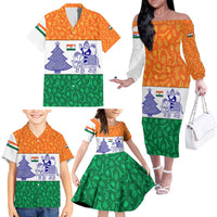India Christmas Family Matching Off The Shoulder Long Sleeve Dress and Hawaiian Shirt with Elephant Santa Tree Design and Tricolor Holiday Pattern - Wonder Print Shop