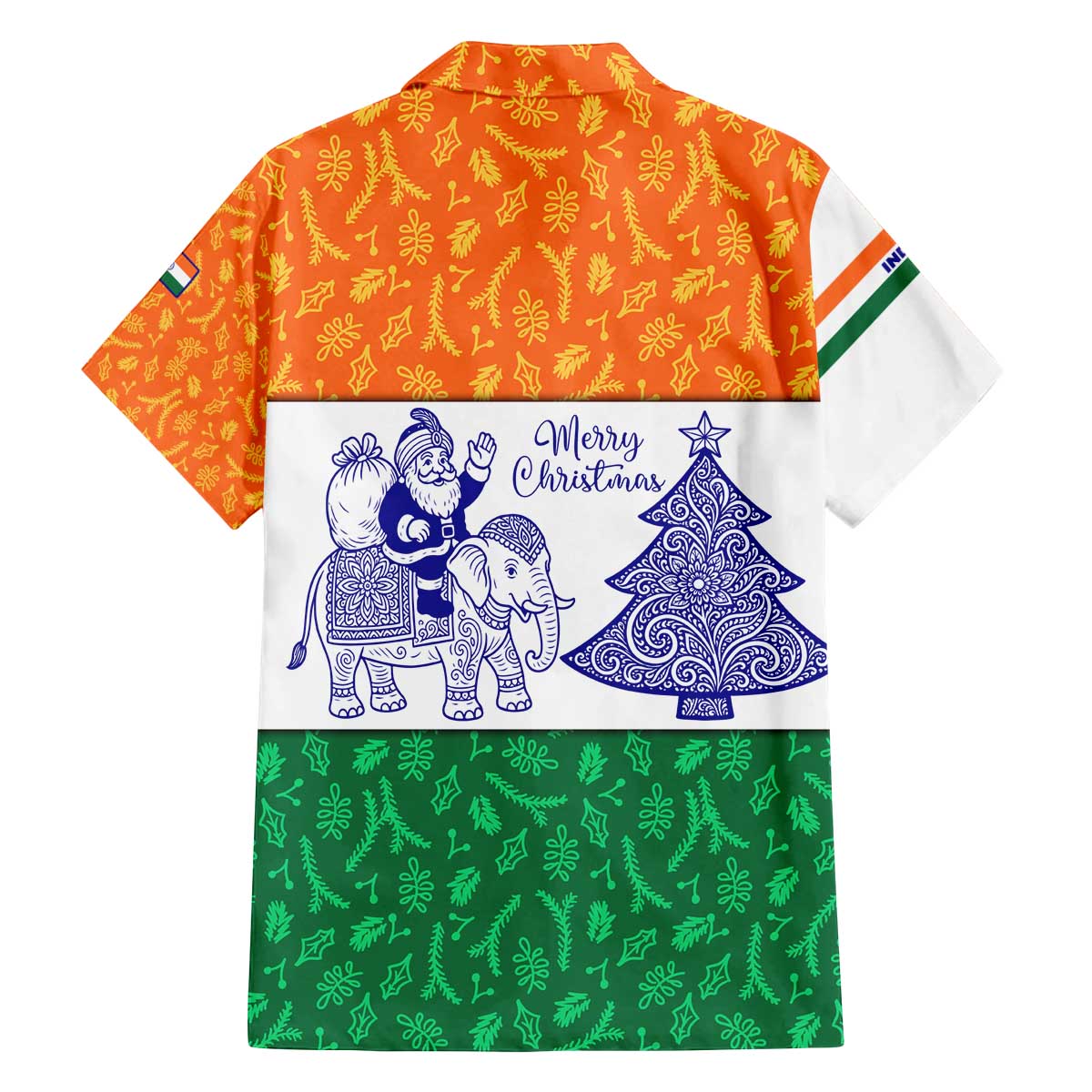 India Christmas Family Matching Off The Shoulder Long Sleeve Dress and Hawaiian Shirt with Elephant Santa Tree Design and Tricolor Holiday Pattern - Wonder Print Shop