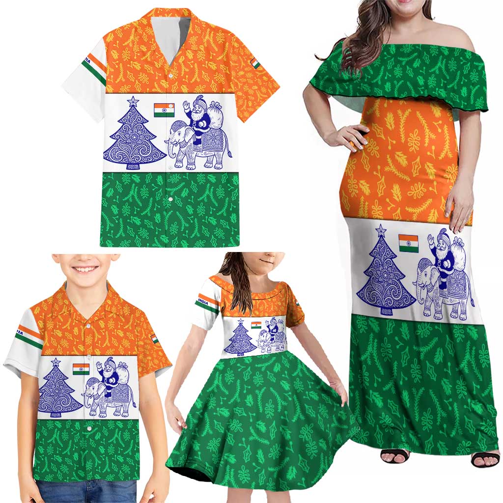 India Christmas Family Matching Off Shoulder Maxi Dress and Hawaiian Shirt with Elephant Santa Tree Design and Tricolor Holiday Pattern - Wonder Print Shop