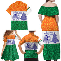 India Christmas Family Matching Off Shoulder Maxi Dress and Hawaiian Shirt with Elephant Santa Tree Design and Tricolor Holiday Pattern - Wonder Print Shop