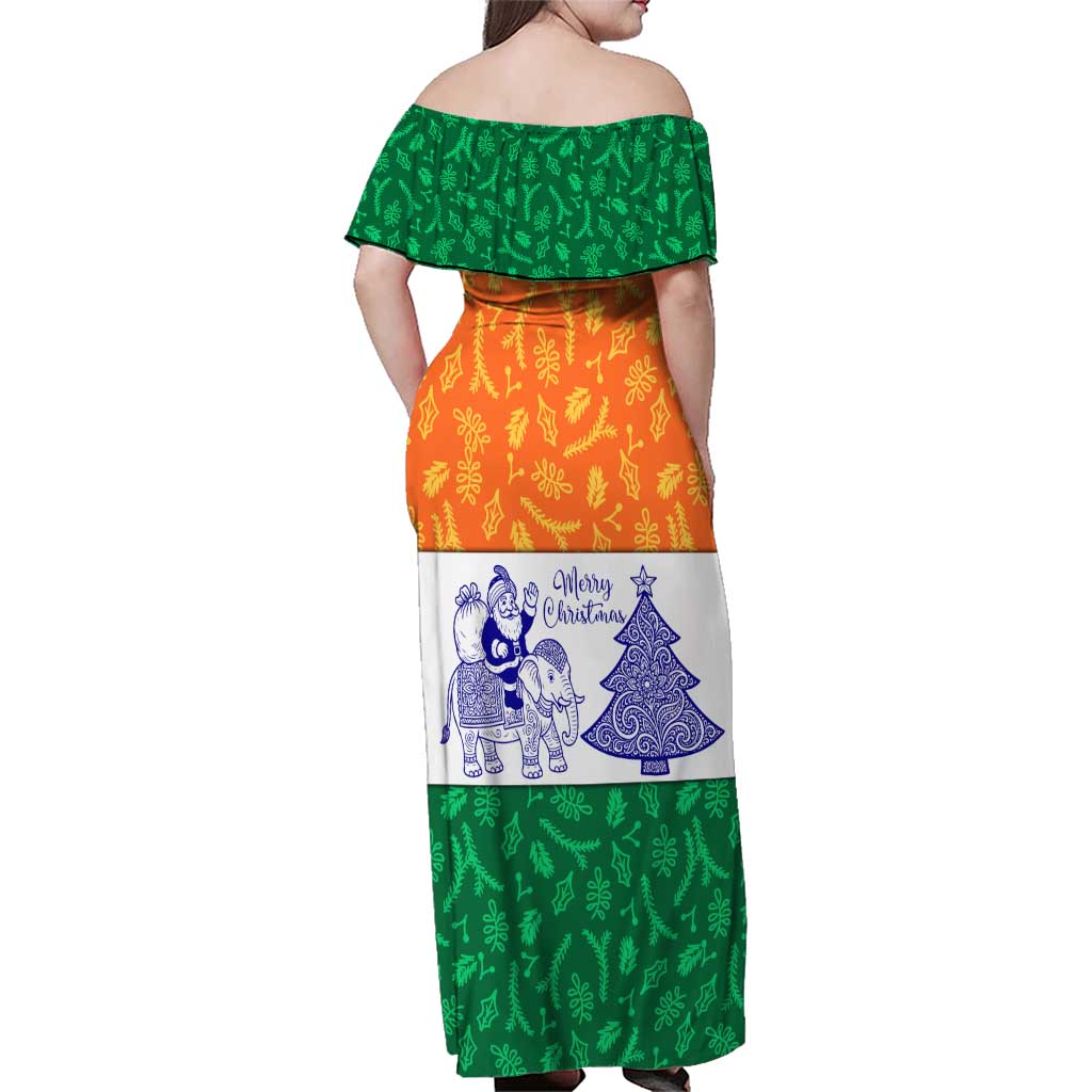 India Christmas Family Matching Off Shoulder Maxi Dress and Hawaiian Shirt with Elephant Santa Tree Design and Tricolor Holiday Pattern - Wonder Print Shop