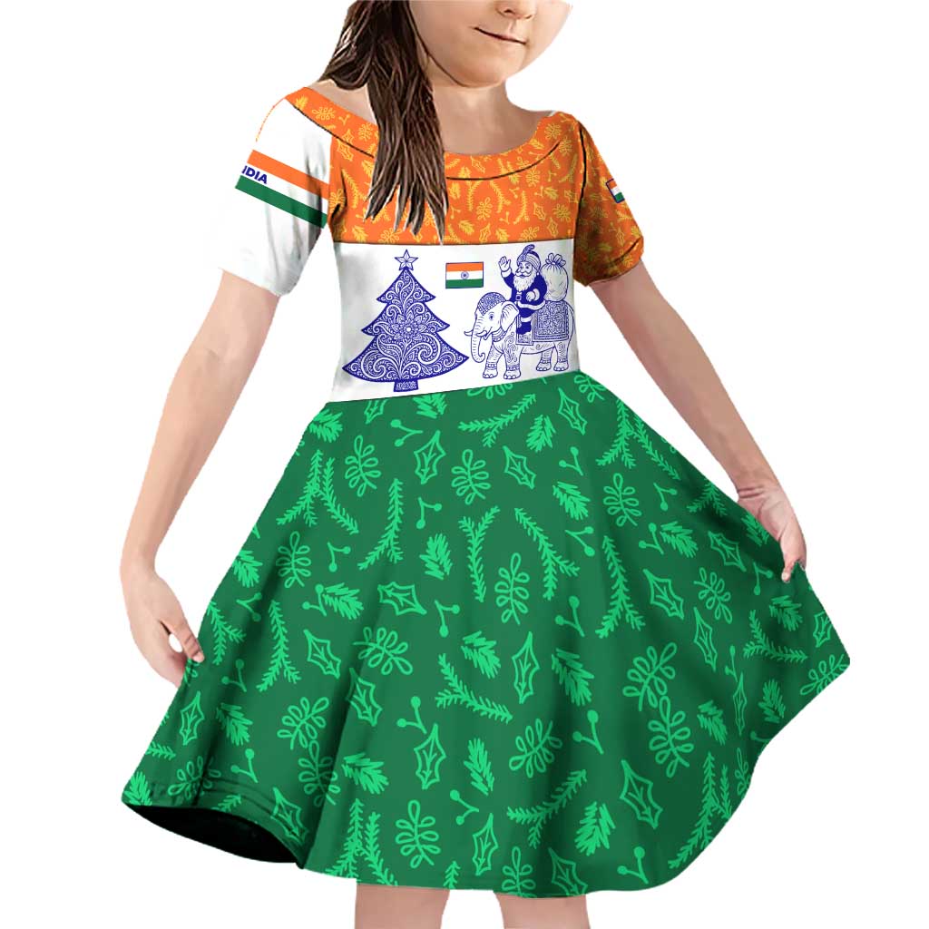 India Christmas Family Matching Off Shoulder Short Dress and Hawaiian Shirt with Elephant Santa Tree Design and Tricolor Holiday Pattern - Wonder Print Shop