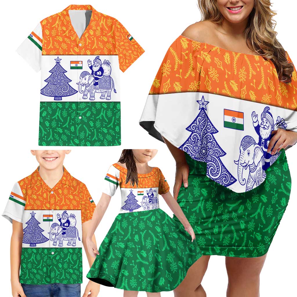 India Christmas Family Matching Off Shoulder Short Dress and Hawaiian Shirt with Elephant Santa Tree Design and Tricolor Holiday Pattern - Wonder Print Shop