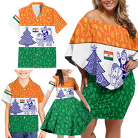India Christmas Family Matching Off Shoulder Short Dress and Hawaiian Shirt with Elephant Santa Tree Design and Tricolor Holiday Pattern - Wonder Print Shop