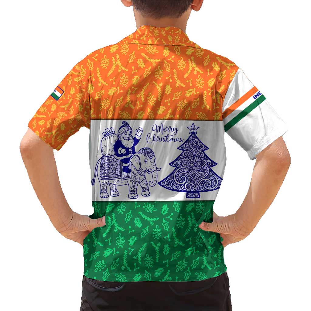 India Christmas Family Matching Puletasi and Hawaiian Shirt with Elephant Santa Tree Design and Tricolor Holiday Pattern - Wonder Print Shop