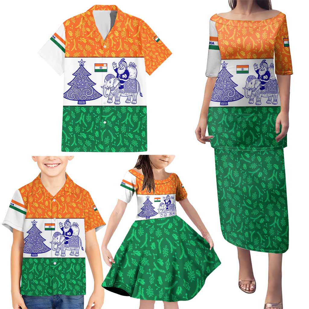 India Christmas Family Matching Puletasi and Hawaiian Shirt with Elephant Santa Tree Design and Tricolor Holiday Pattern - Wonder Print Shop