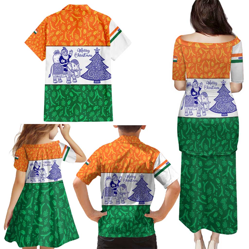 India Christmas Family Matching Puletasi and Hawaiian Shirt with Elephant Santa Tree Design and Tricolor Holiday Pattern - Wonder Print Shop